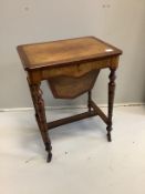 A late Victorian amboyna banded rectangular walnut writing/work table, width 56cm, depth 40cm,
