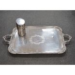 A Walker and Hall silver plated tray and a ‘tree trunk’ paperweight, tray length 72cm