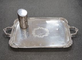 A Walker and Hall silver plated tray and a ‘tree trunk’ paperweight, tray length 72cm