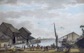 Charles Tomkins (1757-1823), pen, ink and watercolour 'Unloading at a wharf', signed and dated 1801,