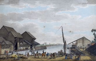 Charles Tomkins (1757-1823), pen, ink and watercolour 'Unloading at a wharf', signed and dated 1801,