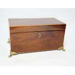 An early 19th century boxwood strung mahogany tea caddy, ivory inlay, 28cm wide CITES Submission