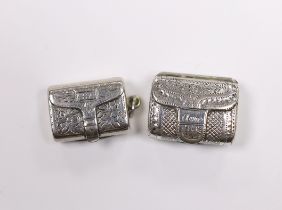 Two 19th century engraved silver vinaigrettes, modelled as satchels, John Lawrence & Co, Birmingham,