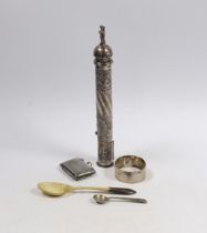 A late Victorian repousse silver sealing wax and match holder, with figural finial, Samuel Jacob,