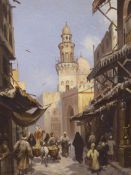Dafni Poizet (20th. C), oil on board, Cairo street scene with figures, signed and inscribed, 37 x