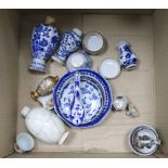 A group of Chinese blue and white vases, box and tea wares, Kangxi to 19th century and other