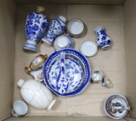 A group of Chinese blue and white vases, box and tea wares, Kangxi to 19th century and other