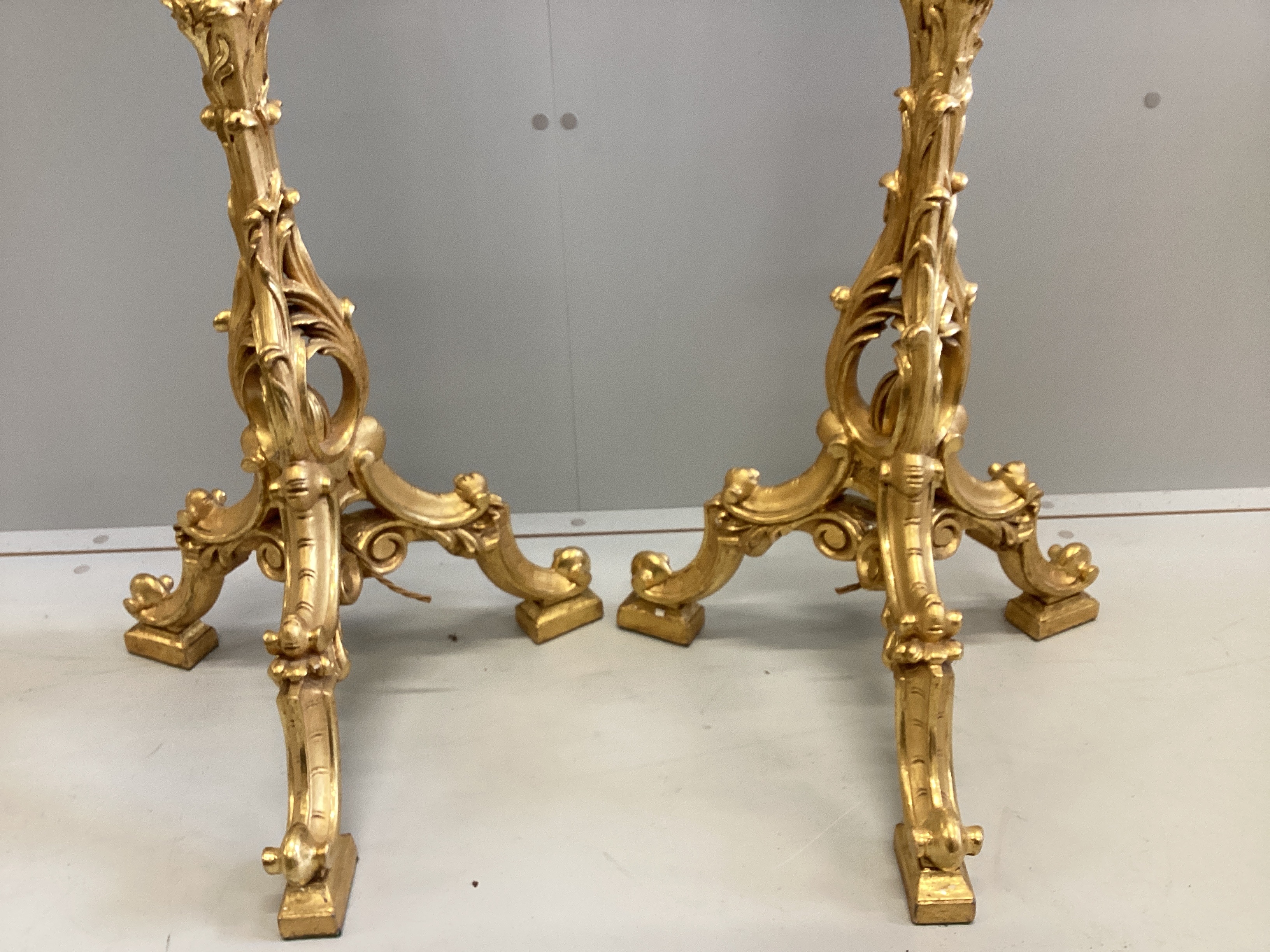 A pair of 18th century style carved gilt cluster column tripod standard lamps, height including - Image 2 of 3