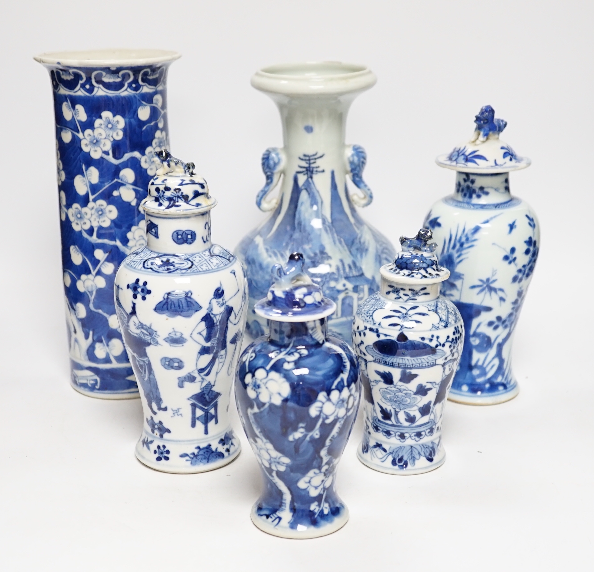 A late 19th century Chinese blue and white twin elephant head handle vase and five other 19th