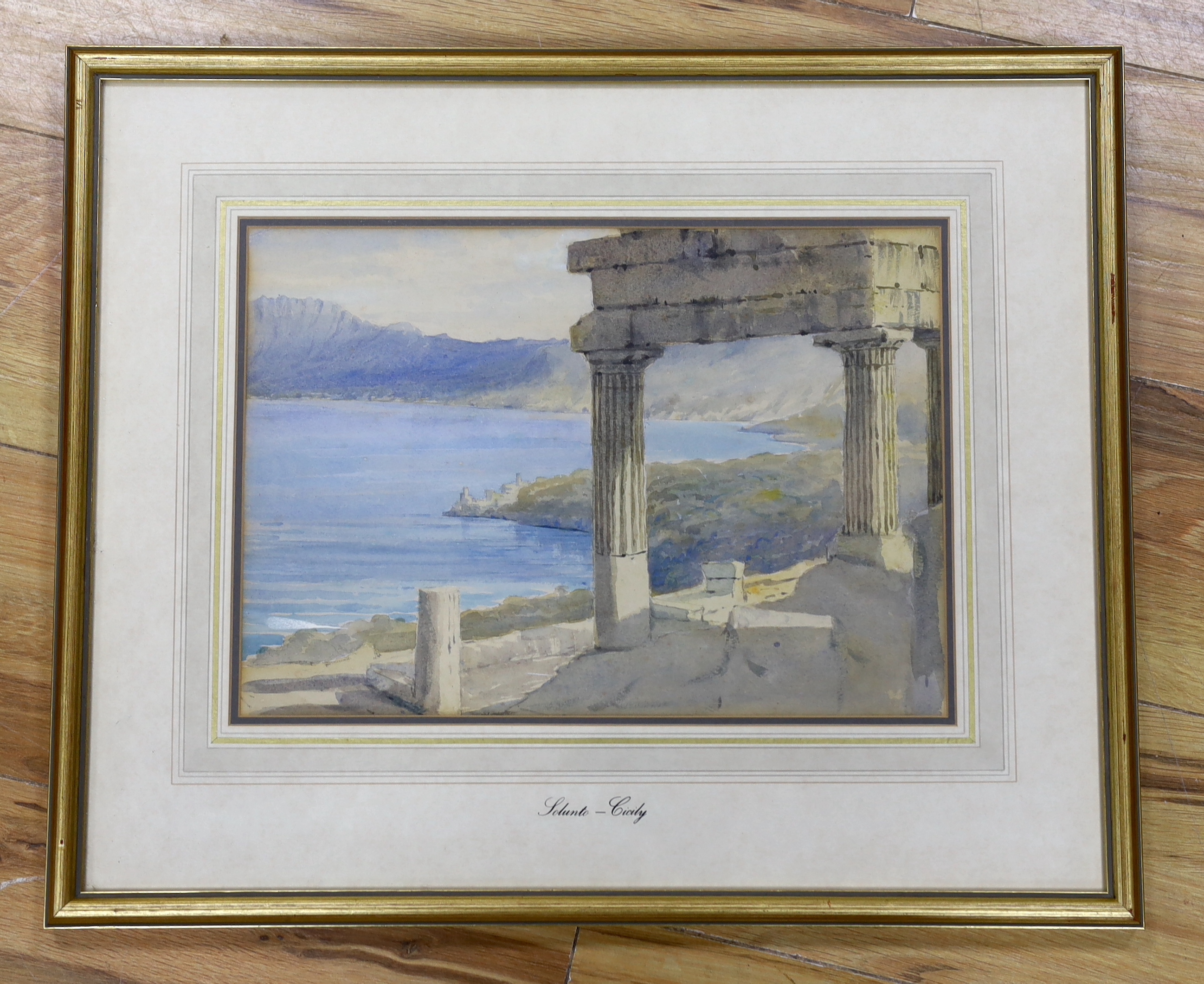 19th century School, watercolour, 'Solunto, Sicily', lakeside landscape with ruins, 25 x 34cm - Image 2 of 3