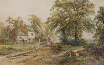 E. W. Nevil (19th. C), Victorian heightened watercolour, Pathway before buildings, signed, 58 x