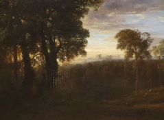 After Copley Fielding (1787-1855), oil on canvas, Woodland clearing before castle ruins, unsigned,