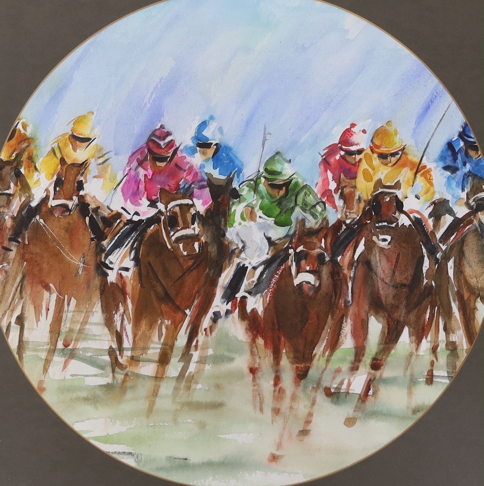 Horse racing interest, two watercolours, Jockeys on horseback, one indistinctly signed, possibly K J - Image 3 of 3