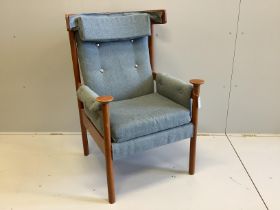 A mid century Parker Knoll upholstered beech “Bwana” style armchair, width 71cm, depth 65cm,