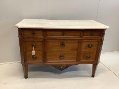 A 19th century French mahogany marble top five drawer commode, width 132cm, depth 63cm, height 88cm