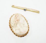 A yellow metal mounted composition cameo set oval brooch, 46mm, together with a yellow metal and gem
