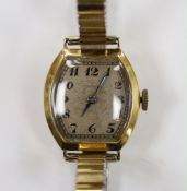A lady's 1930's 18ct gold Longines manual wind wrist watch, with case back inscription, on a later