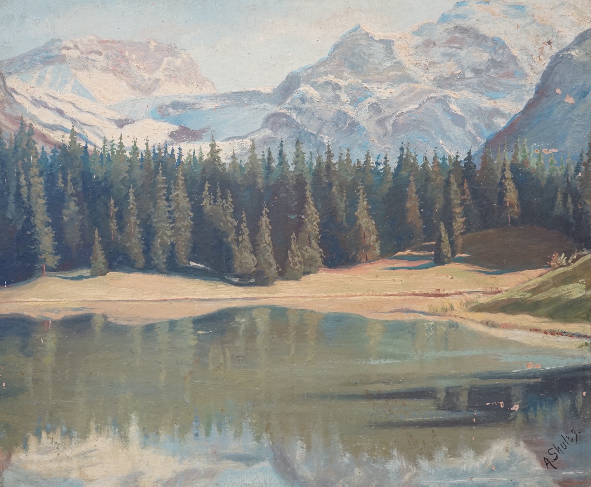 A. Shultz, oil on board, Swiss mountainous landscape, signed, unframed, 51 x 61cm