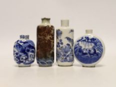 Three 19th century Chinese blue and white snuff bottles, and a similar underglaze blue and copper