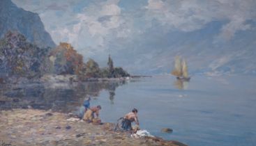 F. Silugni, pair of oils on board, Continental lakeside landscapes, both signed, largest 25 x 43cm
