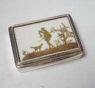 An Edwardian silver twin compartment stamp case, the cover with unusual silhouette scene using brown