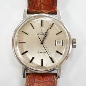 A gentleman's stainless steel Omega automatic wrist watch, with date aperture, on associated leather