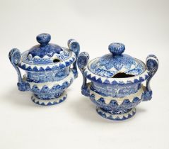 'Eatington Hall. Warwickshire' pattern - a pair of Riley blue and white pearlware sauce tureens