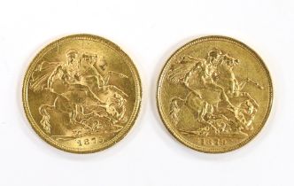 British gold coins, two Victoria gold sovereigns 1875M, good VF and 1879M, good VF, both (S3857)