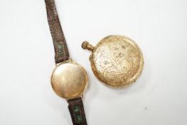 A 14k open faced keyless fob watch, with Roman dial, gross weight 31.7 grams and a lady's 9ct gold