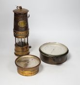 A Patterson type GTL9 miner's lamp and two aneroid barometers, one by Ross, London, 26cm