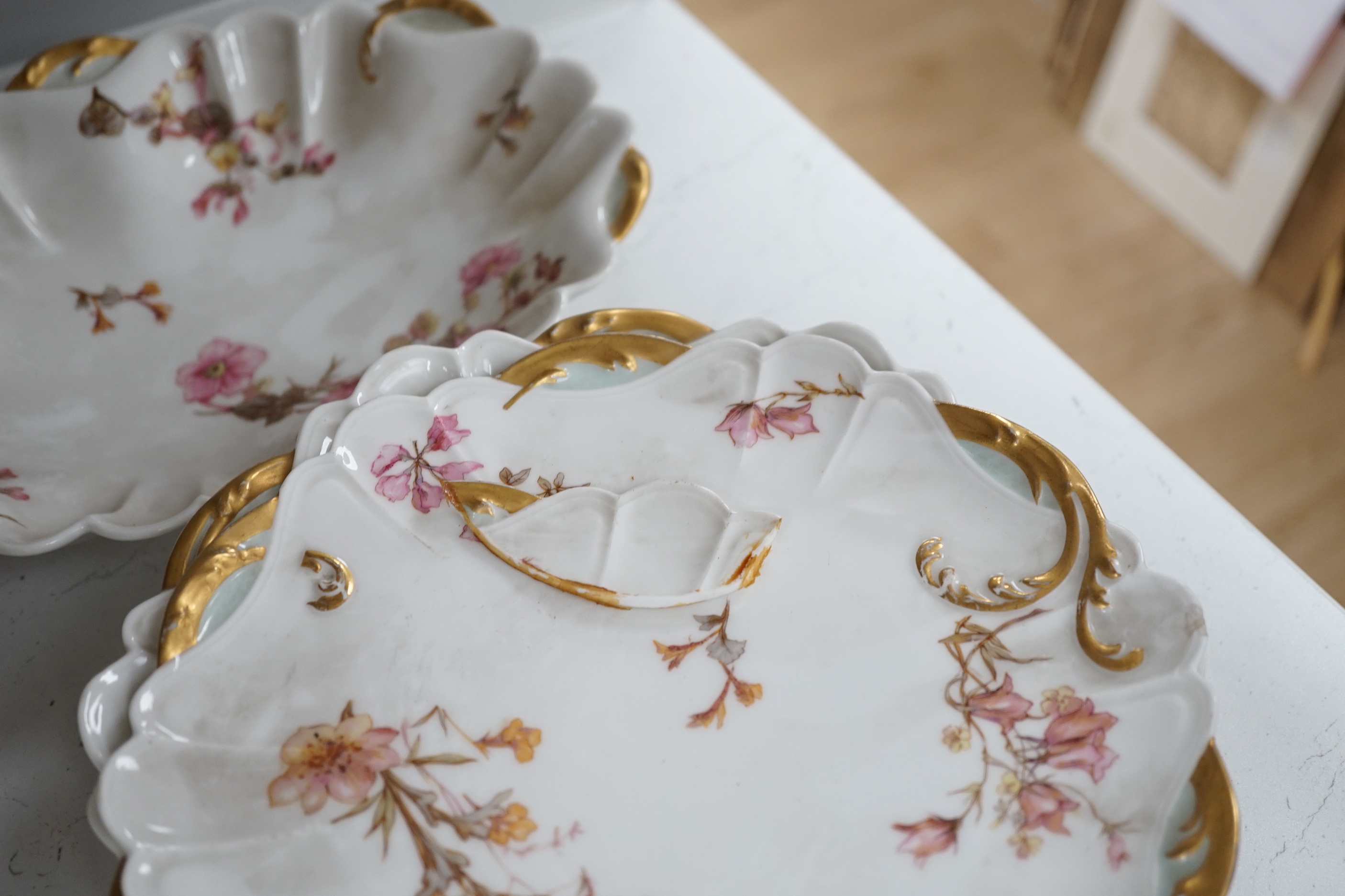 A Limoges floral eight piece dessert service with gilt decoration, 26cm wide - Image 3 of 3