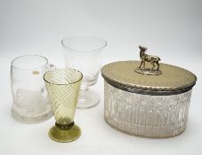 A set of four engraved glass mugs, a pair of rummers, an oval biscuit box etc