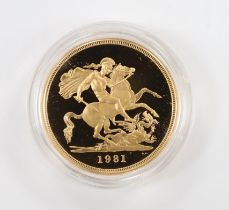 British gold coins, Elizabeth II Royal Mint UK gold proof £5, 1981, cased