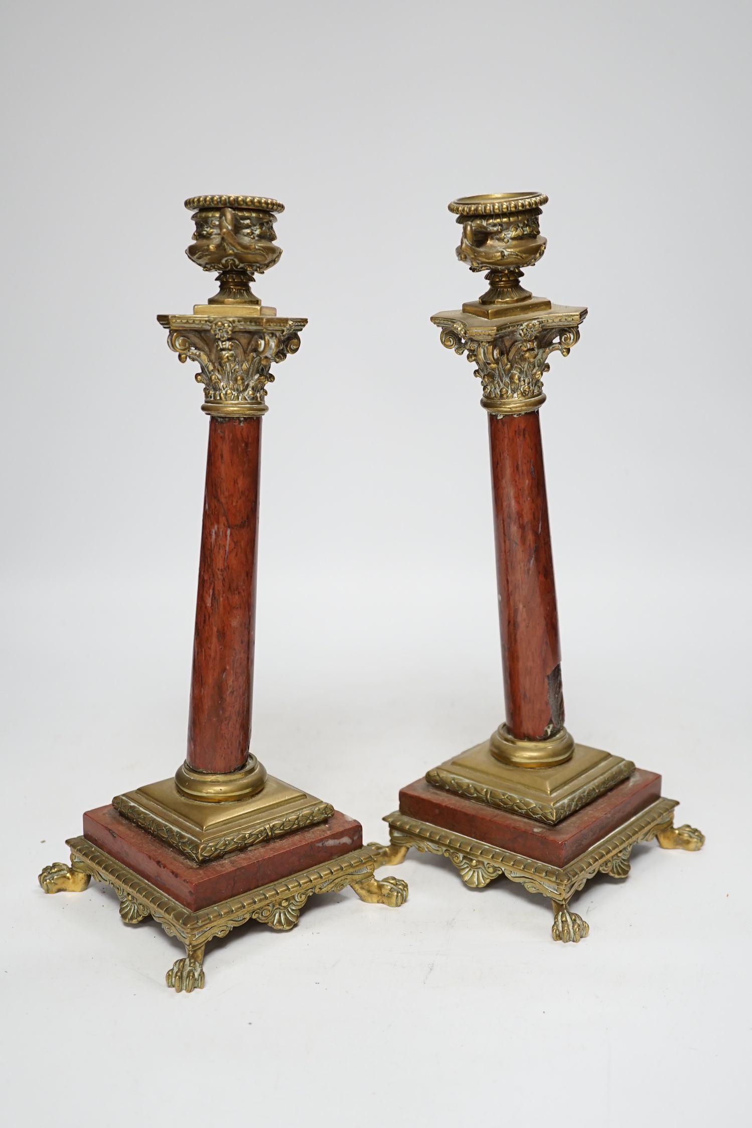 A pair of 19th century brass mounted rouge marble candlesticks, 29cm (a.f.) - Image 5 of 5