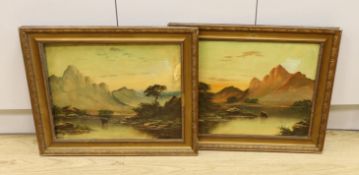 B Ward (19th/20th. C), pair of oils on board, Mountainous landscapes with highland cattle, each