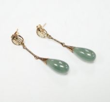 A pair of Chinese yellow metal and jade set drop earrings, 45mm, gross weight 5.7 grams.