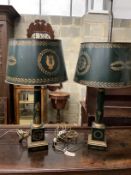 A pair of modern toleware table lamps, height 74cm