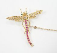 A modern 18ct gold, ruby, emerald and diamond cluster set dragonfly brooch, 40mm, gross weight 4.8