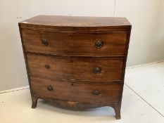 A Regency mahogany bow front three drawer chest, width 92cm, depth 50cm, height 91cm