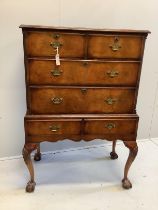 A Queen Anne Revival walnut chest on stand, width 86cm, depth 49cm, height 129cm