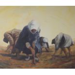 Valerie Shepherd (20th. C), monotype and watercolour, 'The Peanut Gatherers, Cyprus', signed, 33 x