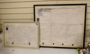Two framed 18th century indentures, on vellum, largest 75cm wide x 63cm high