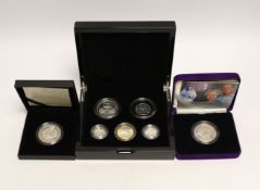 Royal Mint UK QEII silver piedfort proof coins - 2010 five coin set, 2021 95th birthday of her