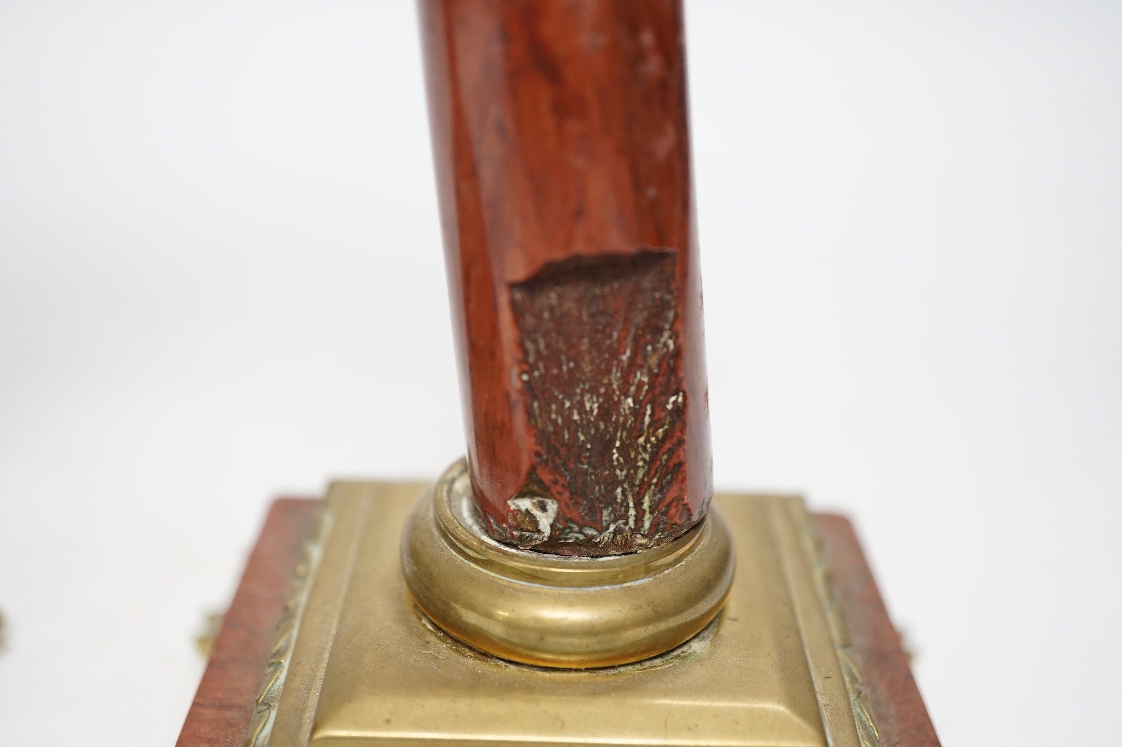 A pair of 19th century brass mounted rouge marble candlesticks, 29cm (a.f.) - Image 4 of 5