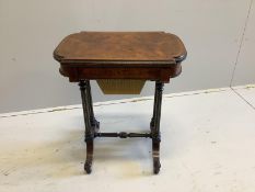 A Victorian ebonised and burr walnut work table, width 62cm, depth 40cm, height 73cm
