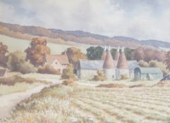 Ray Campbell-Smith (1916-2016), watercolour, 'Oast houses and furrowed field, Kent', initialled,
