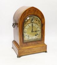 An Edwardian inlaid rosewood lancet mantel clock by Camerer Kuss & Co, German movement, 34cm high