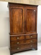 A George III mahogany linen press, converted to a hanging wardrobe, width 129cm, depth 58cm,