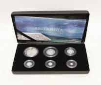 A scarce Royal Mint UK QEII Britannia 2018 six coin silver proof set, 5p to 1oz. £2, cased