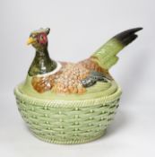 A large modern majolica style 'nesting pheasant' bowl and cover, bowl diameter 29.5cm